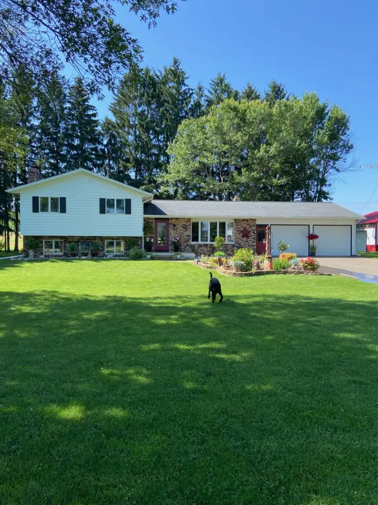 Charming split-level suburban home with crisp white siding and stone accents against a lush green lawn, perfectly finished by Texas Star Painting of Austin.