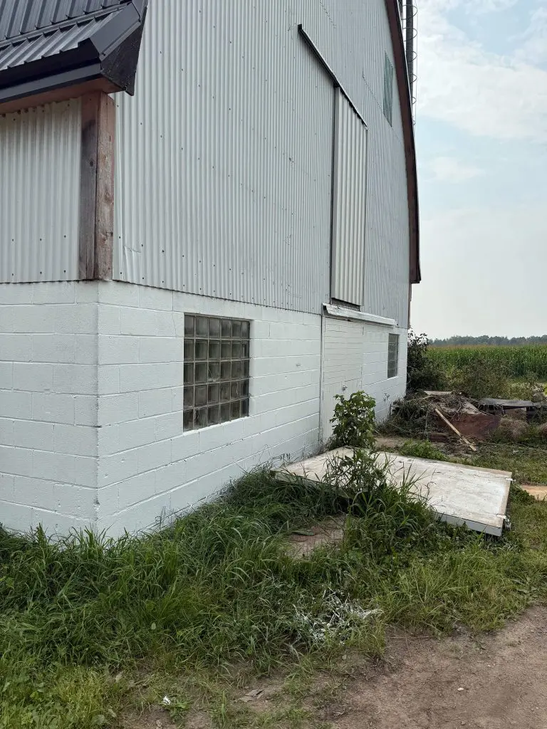 hite barn wall with metal siding and overgrown grass beside scattered debris, captured by Texas Star Painting of Austin.