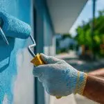 Painter applying blue exterior paint to a home wall, illustrating how long does exterior paint usually last in sunny climates