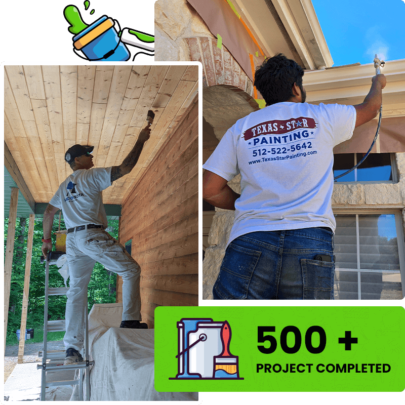 Skilled painters revitalizing exterior wood siding and trim work for Texas Star Painting of Austin.