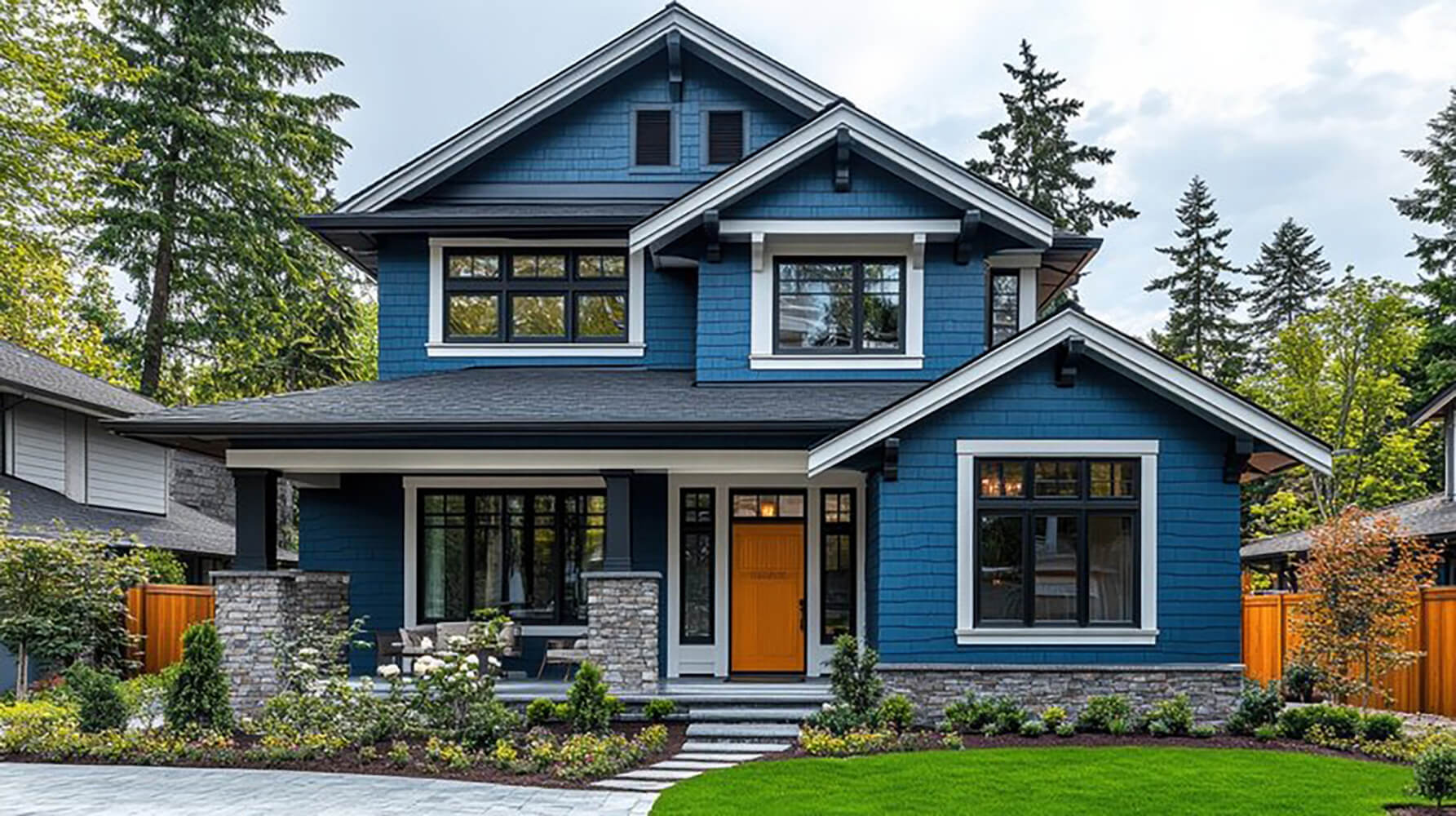 Blue two-story home with white trim and modern design illustrating what impacts the cost of exterior painting in Austin, including size, detail work, and materials.