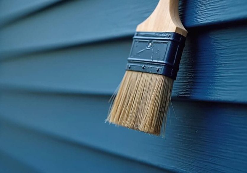 how to choose exterior paint finishes for your home with a brush applying blue paint to exterior siding