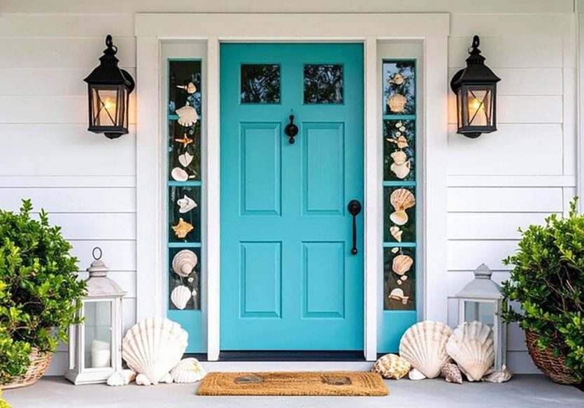 Freshly painted front entry with a blue door and white siding, showing the visual impact of exterior updates when comparing interior vs exterior painting priorities.
