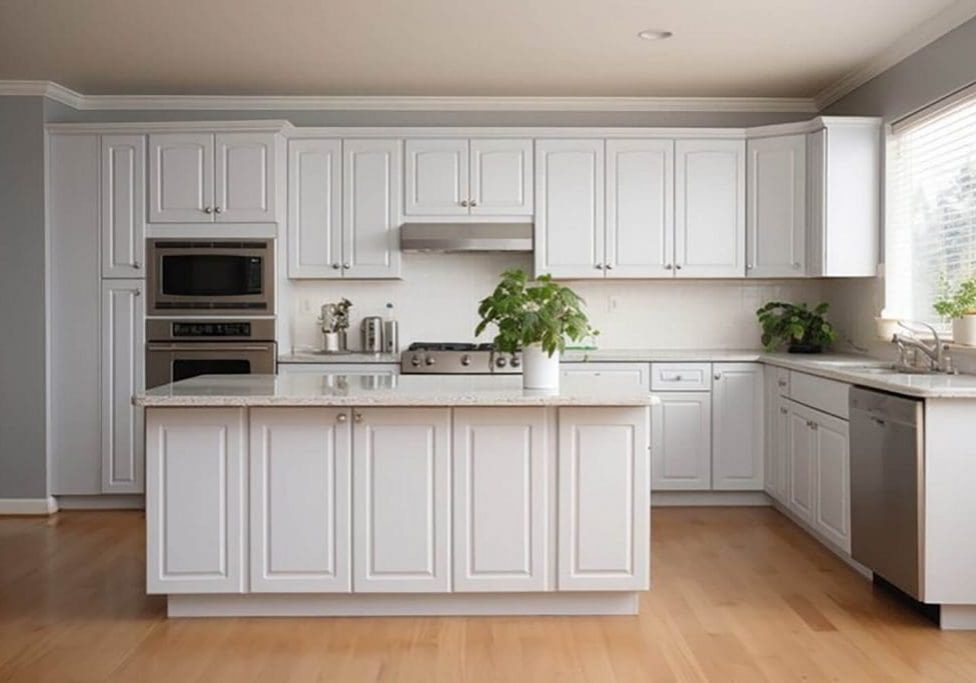 Cabinet painting vs cabinet replacement comparison showing a bright kitchen with freshly painted white cabinets and a modern layout