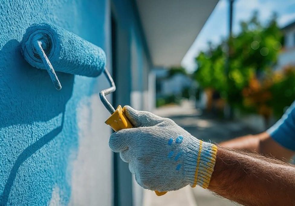 Painter applying blue exterior paint to a home wall, illustrating how long does exterior paint usually last in sunny climates