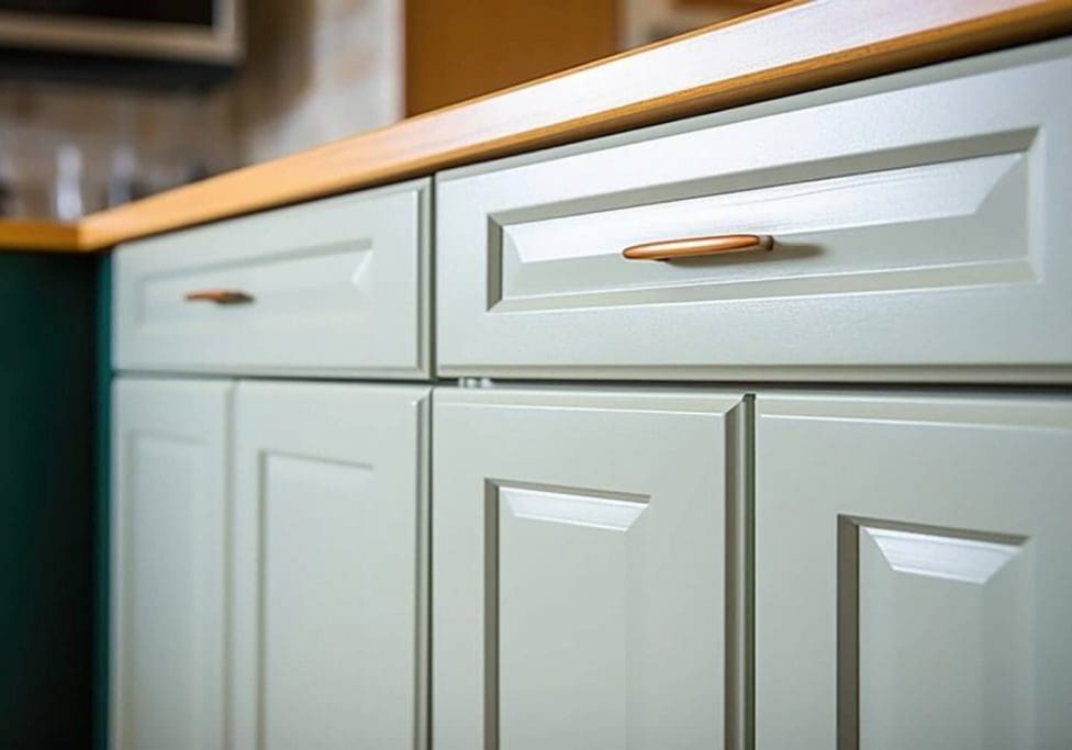 Freshly painted kitchen cabinets in a soft neutral finish, showing why is cabinet painting worth it for updating older kitchens