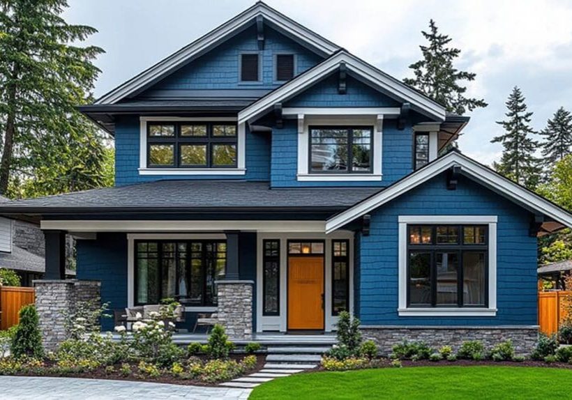 Blue two-story home with white trim and modern design illustrating what impacts the cost of exterior painting in Austin, including size, detail work, and materials.