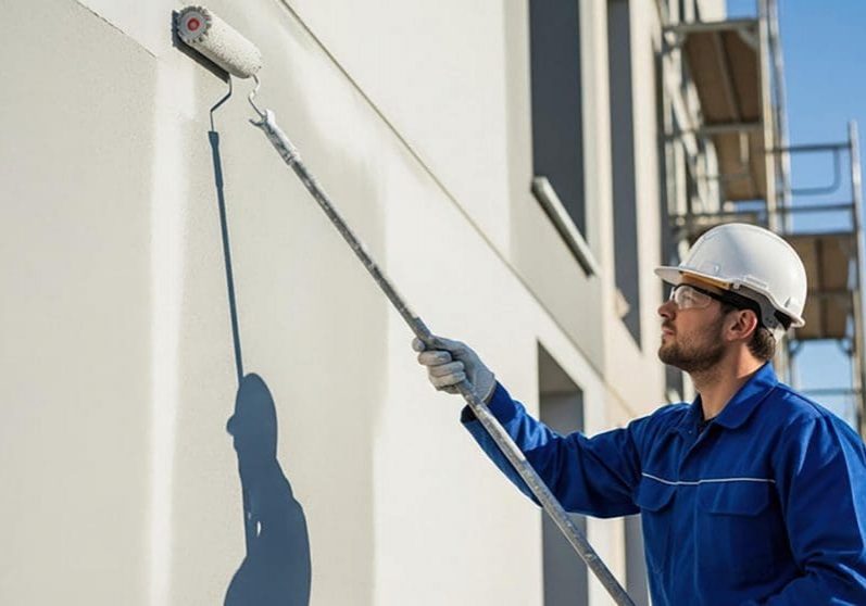 Commercial painter applying fresh exterior paint to a building wall illustrating when should a commercial building be repainted